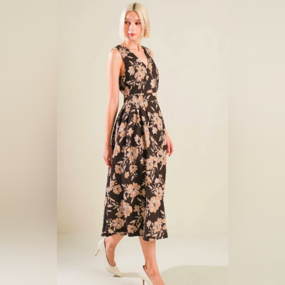 Elegant Brown and Cream Sleeveless V-neck Fit and Flare Dress for Cocktail